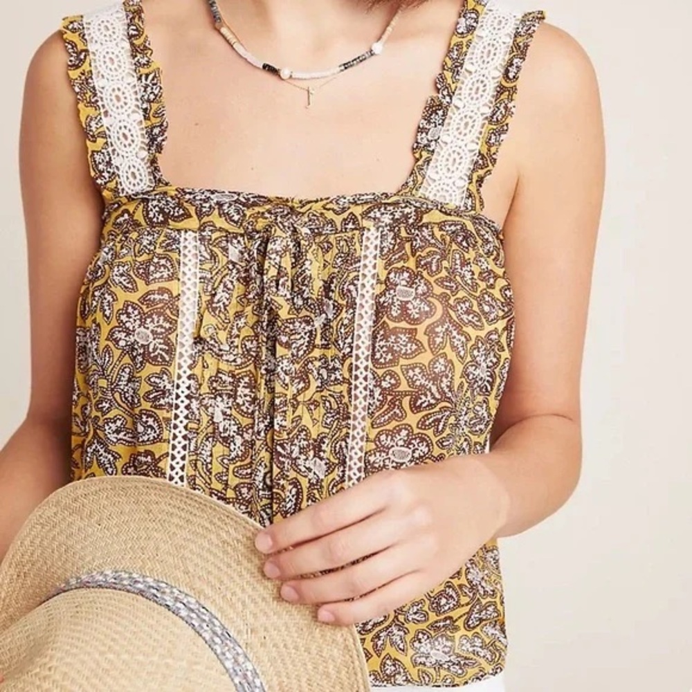 Anthropologie Yellow Brown Floral Paisley Lace Crochet-Trim Cami